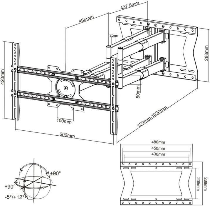 ТВ Стойка за телевизор 45' - 110' въртяща се, дълго рамо до 100 см