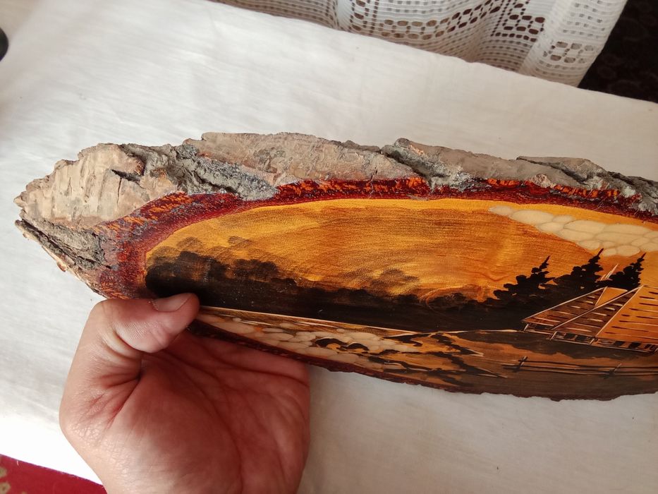 Панно из натуральной кожи ,  картина на срезе дерева ( СССР  )