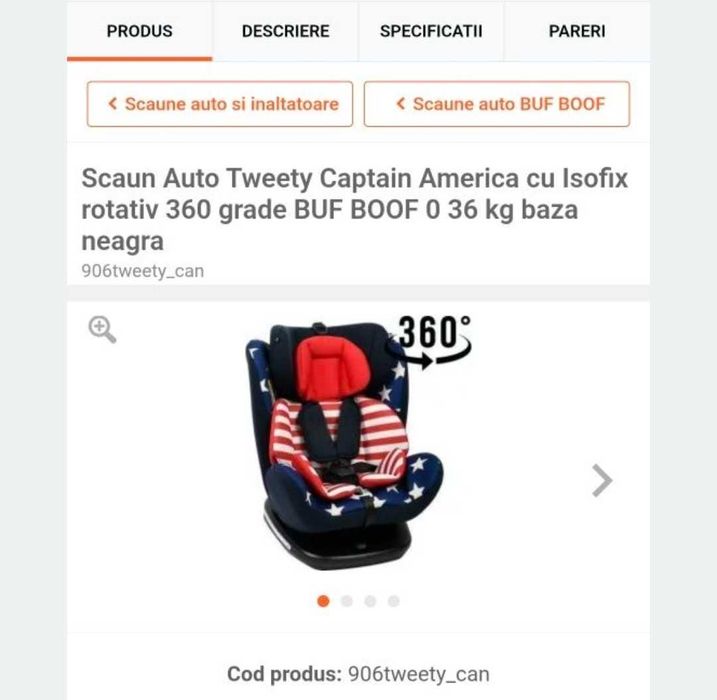Scaun Auto Tweety Captain America cu Isofix rotativ 360 grade BUF BOOF 0 - 13 kg