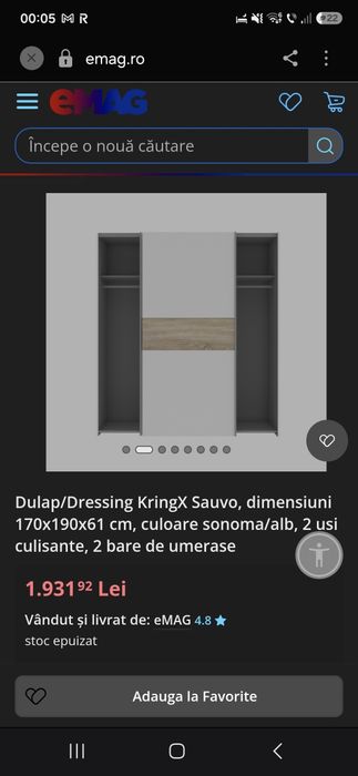 Dulap/Dressing KringX Sauvo, dimensiuni 170x190x61 cm, culoare sonoma/alb, 2 usi culisante, 2 bare de umerase