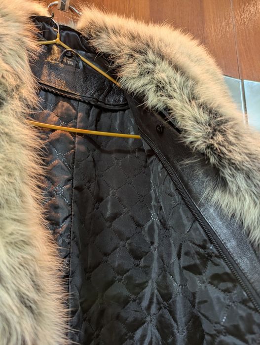 Женский кожаный плащ-пальто с мехом песца | Натуральная кожа 46–48