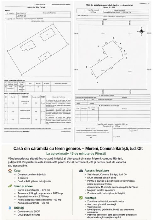 2.765 mp Casă din cărămidă cu teren – Mereni, Comuna Bărăști, Jud. Olt//Pitesti-Slatina