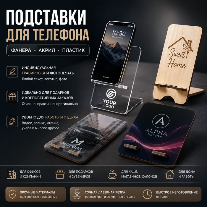 Подставки для телефона на заказ | Акрил, фанера, пластик