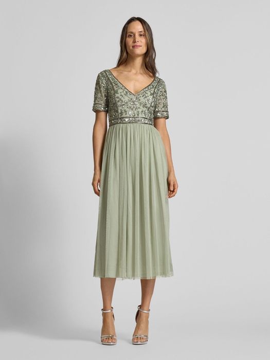 Официална рокля Lace&beads лъскава пайети и тюл зелена S рамер