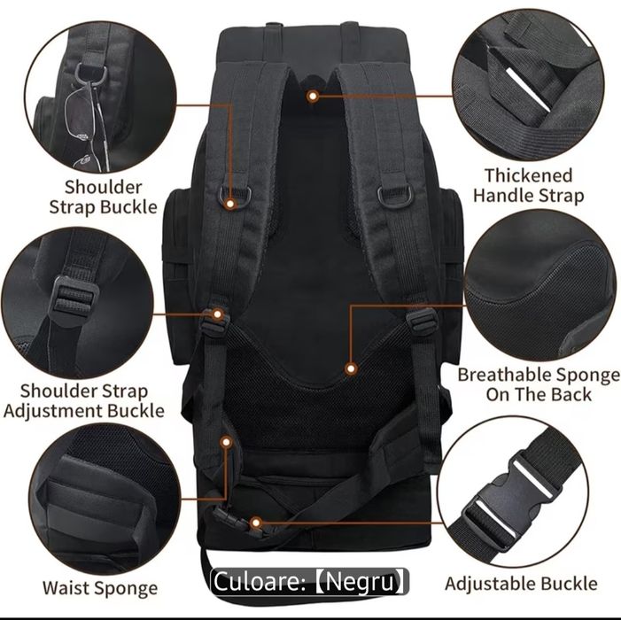 Rucsac Militar ,Negru/Tactic 80 /100 L /Multifunctional /Drumeții, Nou