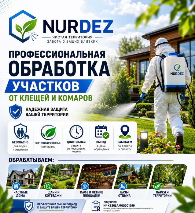 Дезинфекция, обработка участков, уничтожения клещей, муравьев, тли