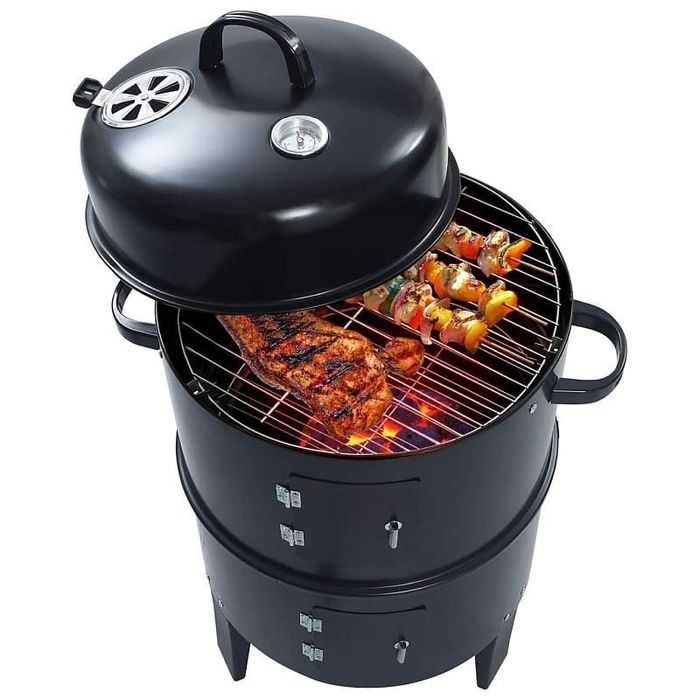 Gratar pe carbuni 3 in 1, capac cu termometru, 2 usi, 3 compartimente cu afumatoare/grill/gatire la abur, 40x40x80 cm