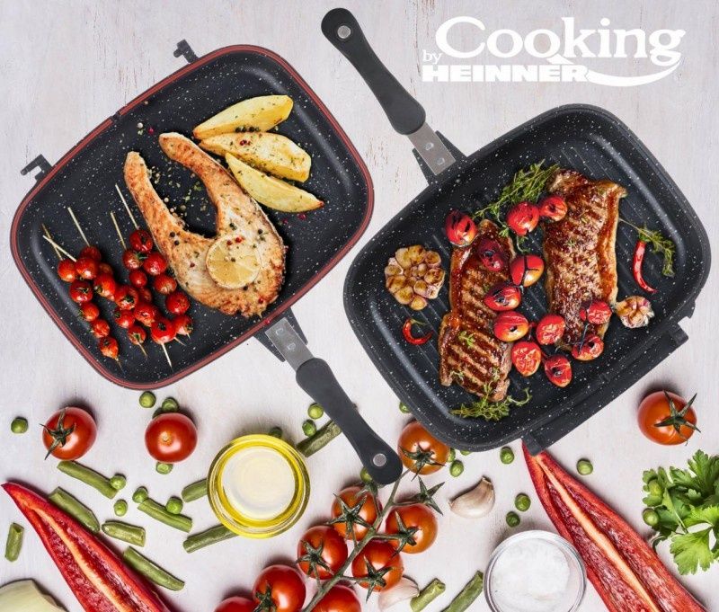 Tigaie dubla grill Heinner, 36x24x7.5 cm ceramica marmorata, inchidere