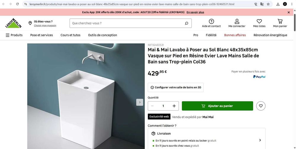 Chiuvetă de baie pe piedestal mai & mai Colossum36, de dimensiuni 48 x 35 x 85 cm, din material mineral turnat - cu defect, va rugam cititi descrierea