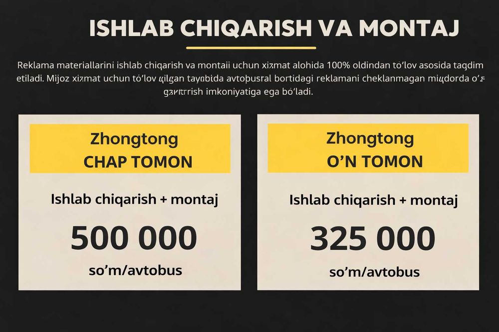 Zhongtong avtobuslari bortlarida reklama Namangan va Termiz shaharlari