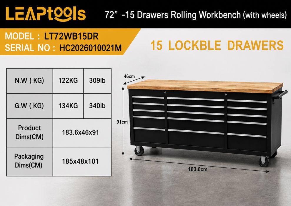 Banc de lucru mobil profesional LEAPTOOLS LT72WB15DR – 15 sertare – cu roți – 183,6 cm