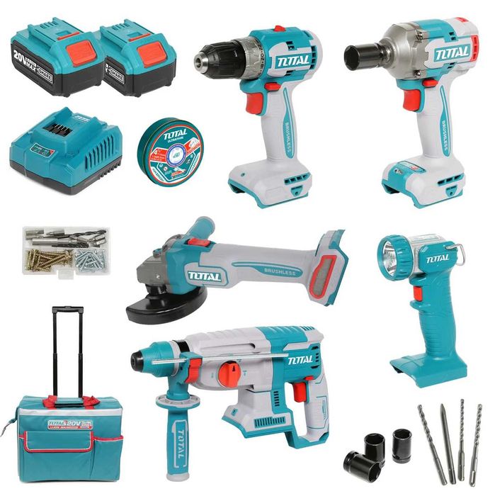 TOTAL TCKLI20592E KIT COMBO 5 Scule cu Acumulator  20V Brushless Rotopercutor,Bormașină cu Percuție,Polizor Unghiular și Mașină de Înșurubat cu Impact
