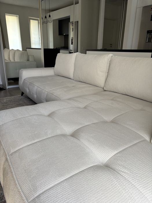 Coltar extensibil alb/beige, 290x175x85 cm din stofa aragon