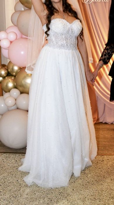 Rochie mireasa+voal cu perle marimea S