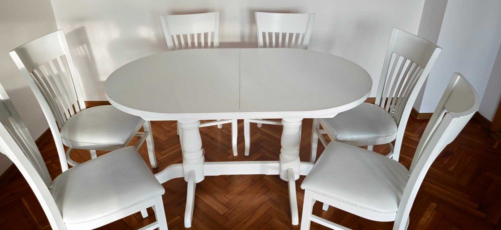 Бяла дървена трапезна маса, разтегателна 90/140(180)/75, със 6 стола