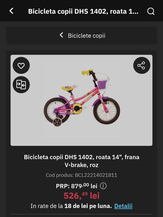 Bicicleta Dhs 14, roz, cu cos