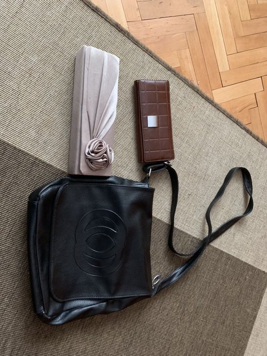 Сатенена чанта ,черна кожена чанта и дамско портмоне