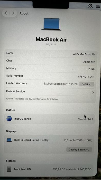 Macbook air 13 M2 16 gb