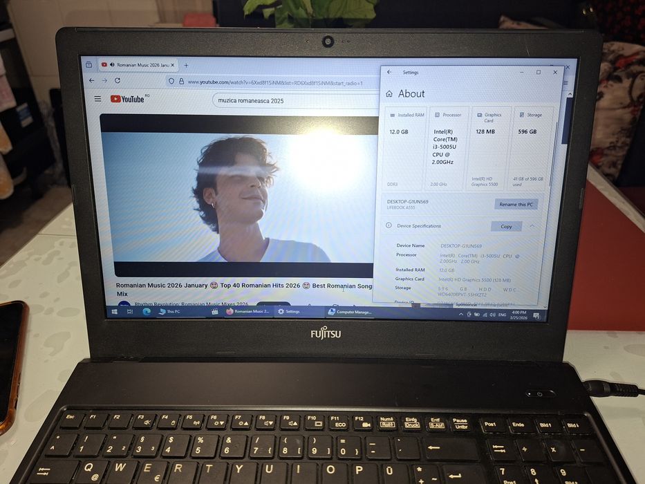 Fujitsu A555 cu Intel i3, gen5, 12 gb ram, Bluetooth,  baterie ok