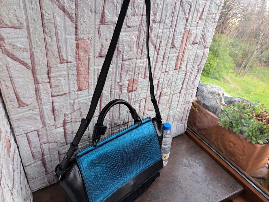 дамска чанта,черна кожена торба-естествена кожа и велур