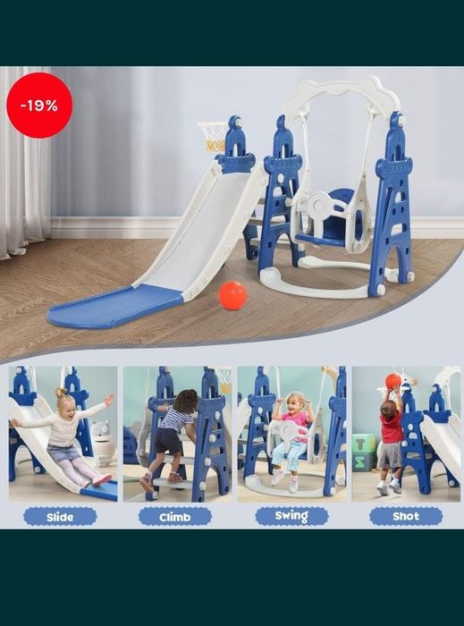 Детска Пързалка 4 в 1 Люлка стълба Баскетболен каш Чисто нова