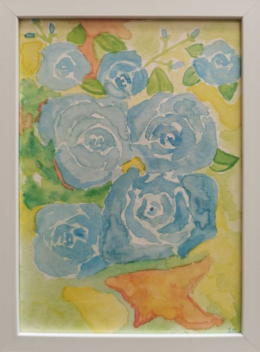 Happy Roses - акварелна картина. Идеална за подарък за рожден ден или друг специален повод. Размери 17 см × 23 см. Предлага се заедно с бяла рамка.