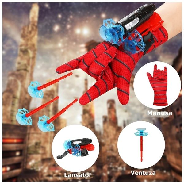 Set 2 Manusi proiectile burete, figurina si  ventuze Spiderman, Rosu