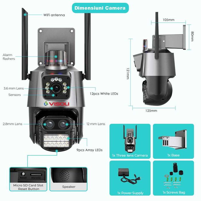 Camera de Supraveghere Tripla WIFI Visoli® P10 PRO Zoom,3 Lentile,12MP