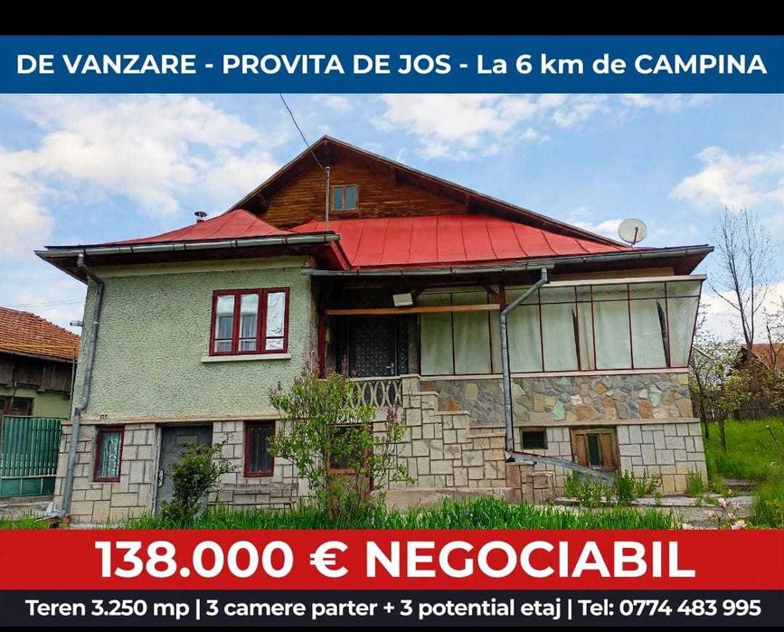 Vand casa Provita de Jos,(P+E+M), avand teren 3250 mp, livada pe rod, la drumul principal, 3 camere (potential de 6)
