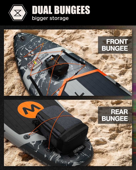 Нов, висок клас, широк 350 СМ надуваем падъл борд all-round SUP MYBOAT MY03 (Bass Hunter Grey STD) в сиво-черен с оранжев акцент дизайн.