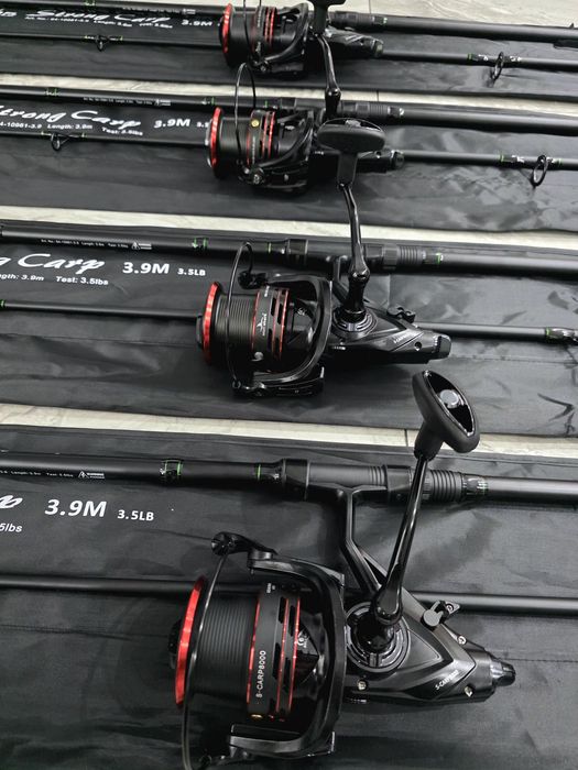 SET 4 Lansete 3,90metri PRO FL Strong Carp 3.5lbs 2segmente + 4 Mulinete EastShark S CARP 8000 6+1RULMENTI NEW 2026