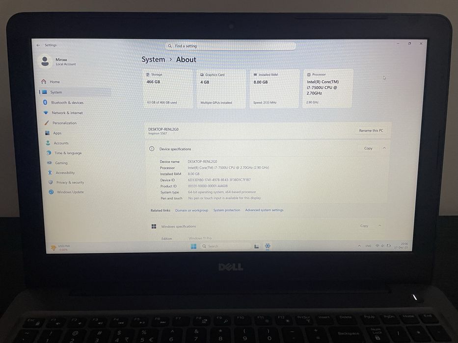 Laptop Dell Inspiron 15 5000 i7-7500U SSD 500GB 8GB RAM