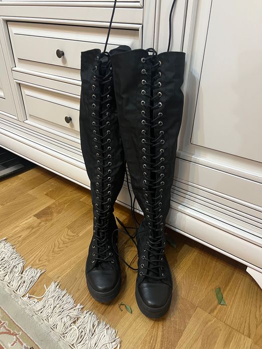 Нови ботуши thigh high canvas черни 36 - платформа, връзки, цип