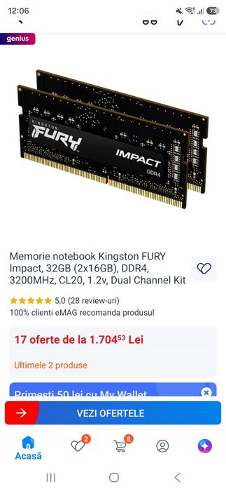 Memorie notebook  laptop .Kingston FURY Impact, 32GB (2x16GB), DDR4, 3200MHz, CL20, 1.2v, Dual