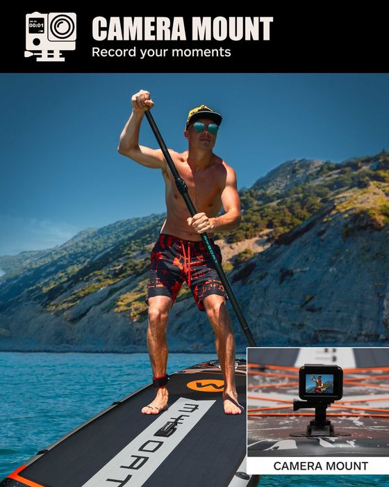 Нов, висок клас, широк 350 СМ надуваем падъл борд all-round SUP MYBOAT MY03 (Bass Hunter Grey STD) в сиво-черен с оранжев акцент дизайн.