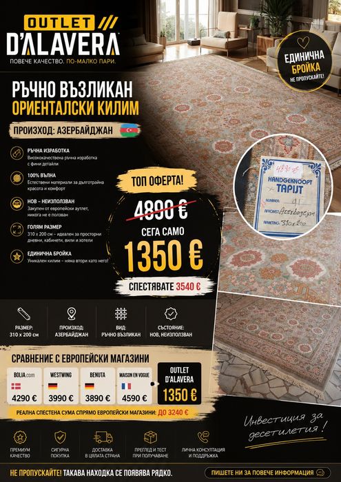 Ръчно възликан ориенталски килим – 310 × 200 см | Нов