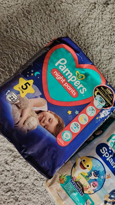 Scutece Pampers nights pants 5 22 buc, nou, pampers splashers 5-6 si cearsafuri absorbante