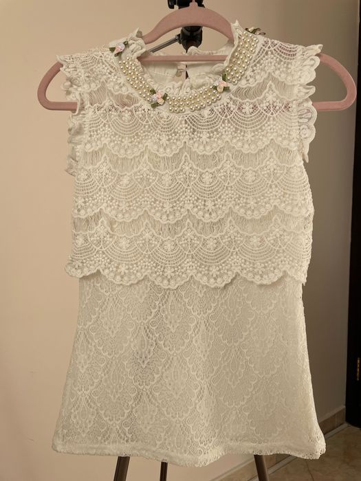 Топ блуза дантела перли декорация къс ръкав