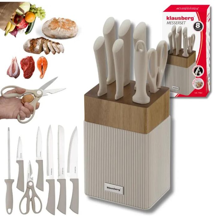 Set de cutite 8 piese, cu bloc de salcam, otel inoxidabil, Klausberg