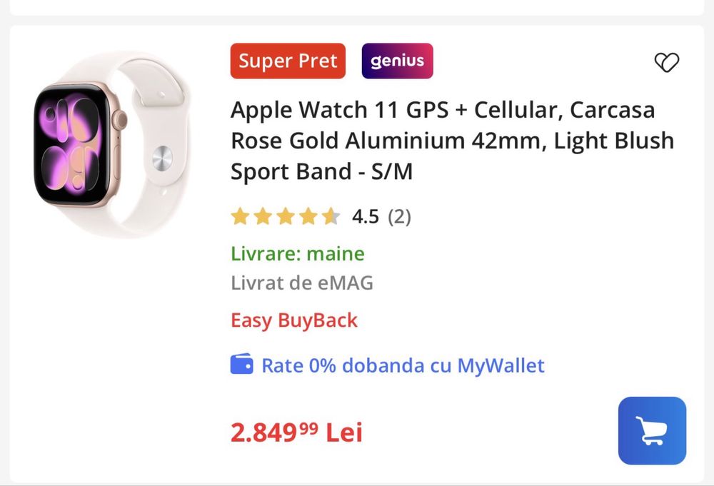 Apple watch 11 GPS+ cellular carcaca rose gold