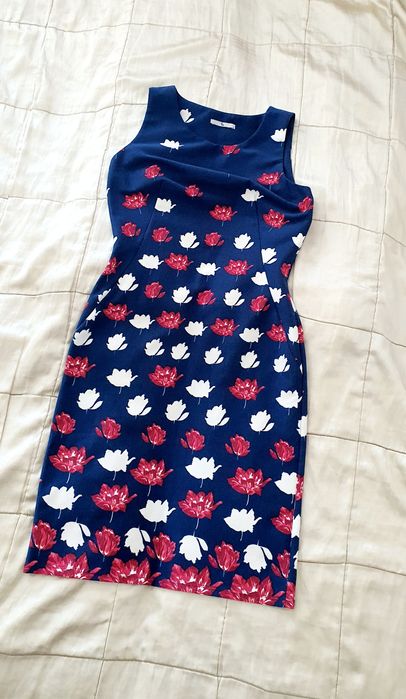 TU UK S M rochie tricot mulata florală albastră bodycon midi elastică casual office
