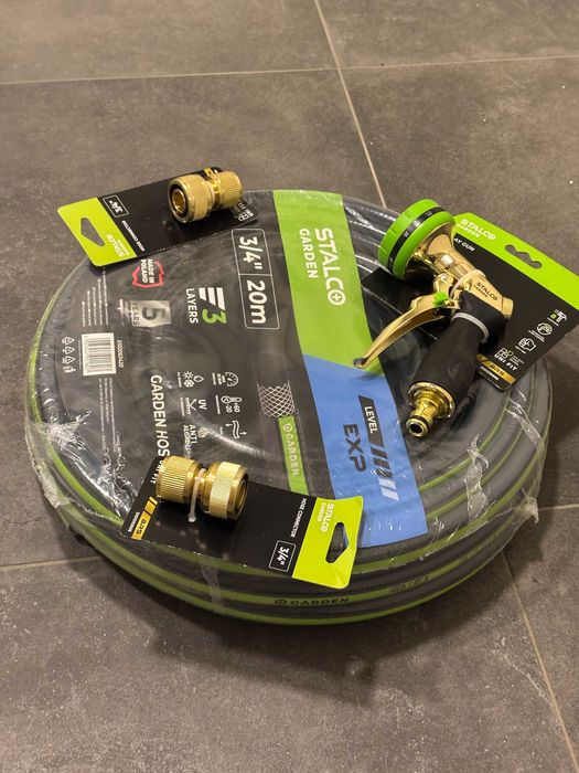 Set Complet Furtun Grădină 3/4" 20m STALCO GARDEN + Pistol și Conectori Alamă 8 Funcții