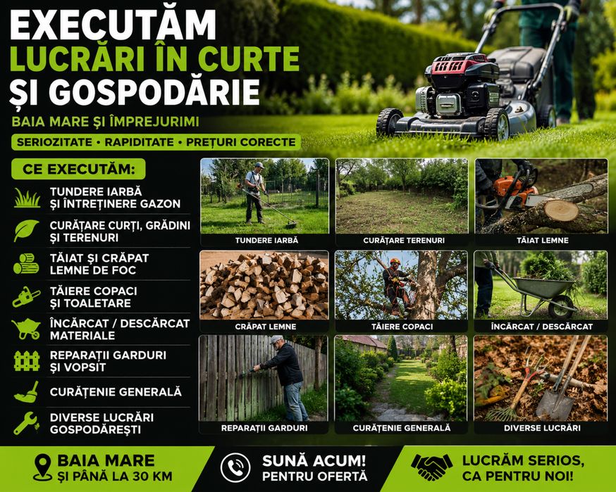 Tundere iarbă, curățenie curți, tăiat lemne și lucrări gospodărești în Baia Mare și împrejurimi
