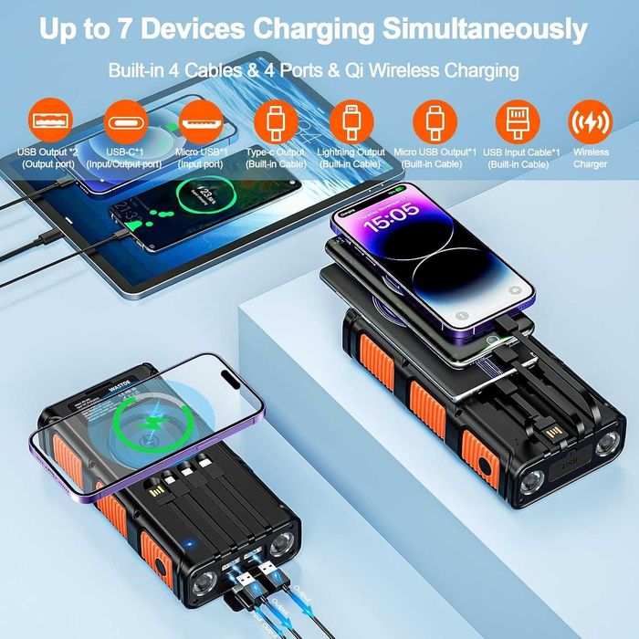 Baterie externă solară wireless 26800 mAh cu manivelă și 4 cabluri, încărcător solar Power Bank cu încărcare rapidă USB-C, 7 ieșiri și 4 intrări