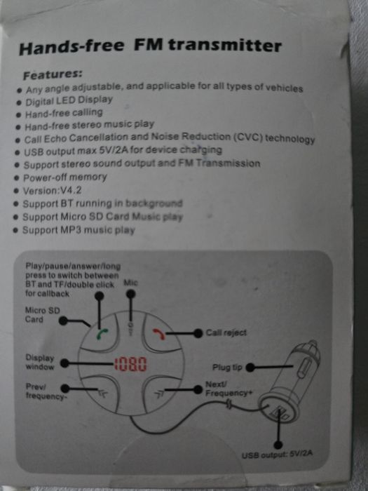 Modulator FM MP3 auto cu BT, microSD, microfon, încărcător USB, handsfree