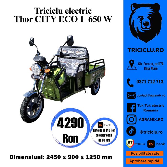 Triciclu electric Thor City Eco Blue Sky/Green Army Agramix