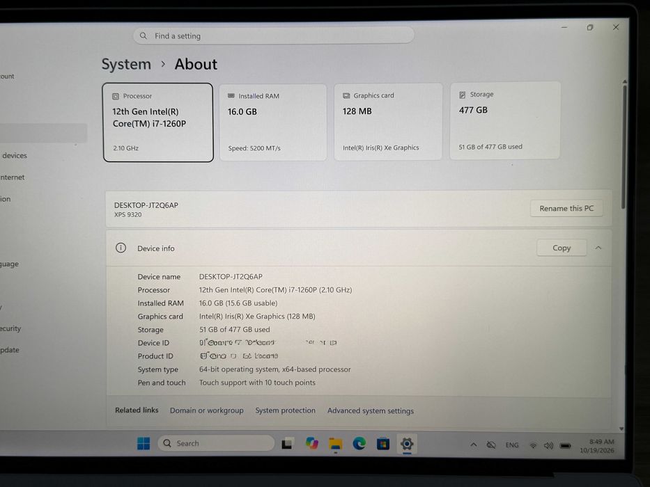 4k UHD+ Touch Dell XPS 9320`Core i7 1260P 16GB LPDDR5 512GB NVMe Като Нов