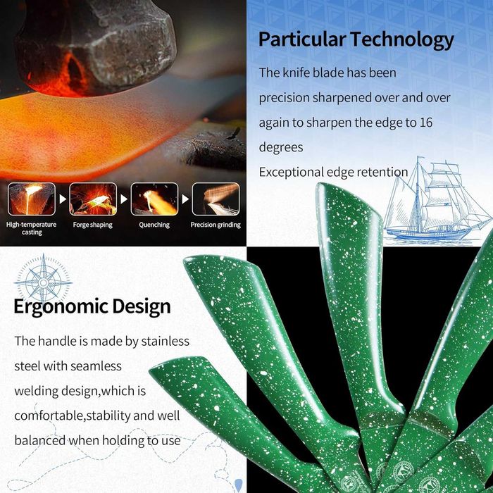 Комплект кухненски ножове с поставка неръждаема стомана, зелени