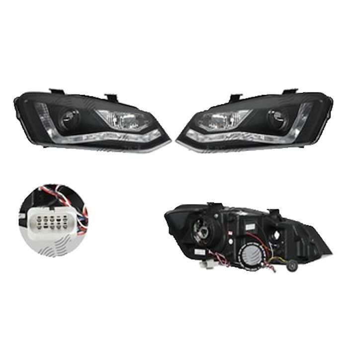 Set faruri VW Polo 6r, 08.2009-12.2017, partea Stanga+Dreapta, Tuning, Fata, cu lumina de parcare LED; H9; manual; negru, transparent; tuning, Taiwan
