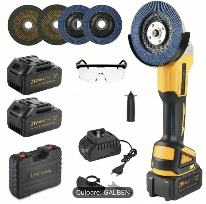 Set de polizor unghiular flex fără cablu, cu 2 baterii și încărcător